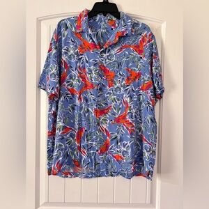 George Hawaiian Shirt Mens Large (42-44) Blue Parrots‎ Floral Tropical Bird